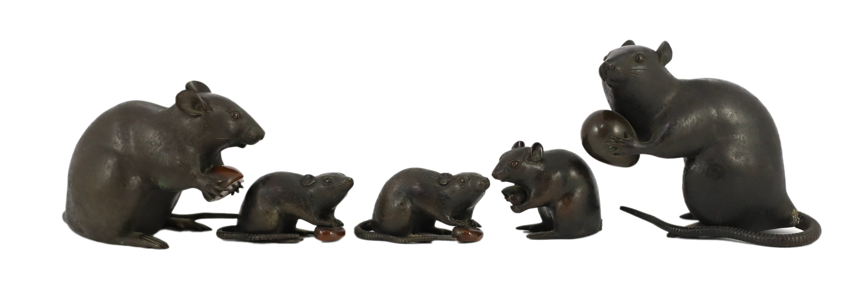 An assembled group of five Japanese bronze and mixed metal models of rats, Meiji period, smallest 9.5cm long, largest 16.5cm long, one small rat tail detached